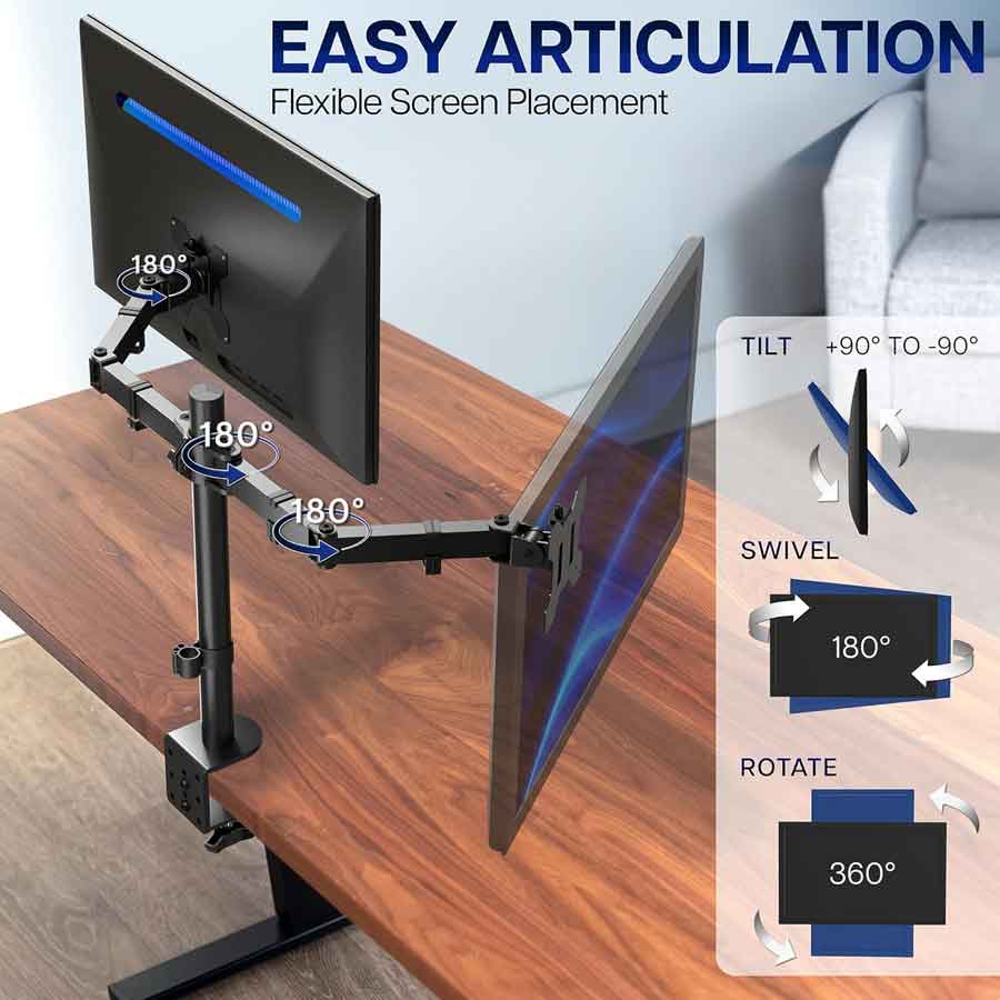 VIVO Dual Monitor Arm stand on white desk